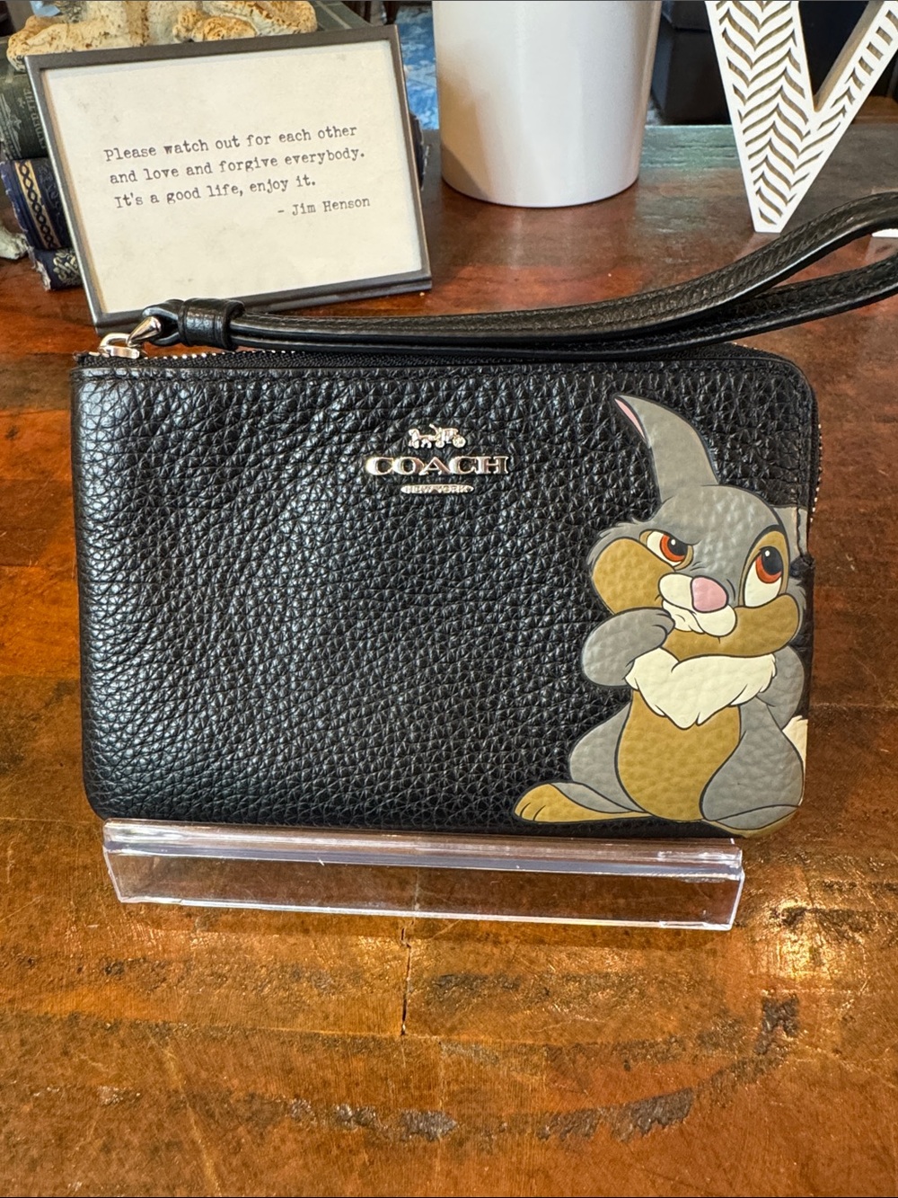 Coach Black Pebbled Leather Wristlet with Thumper Patch